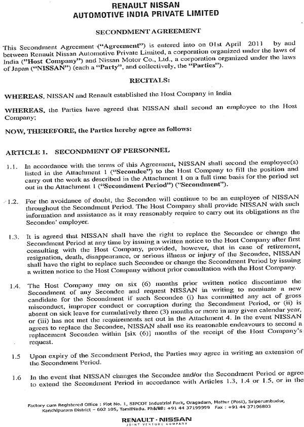 Secondment Agreement dated 01.04.2011