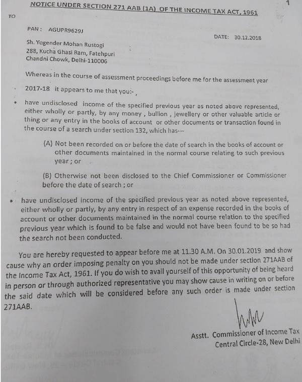 Yogender Mohan Rustagi Notice Under Section 271AAB