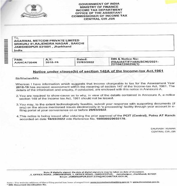 notice issued under Section 148A(b) of the Act reads