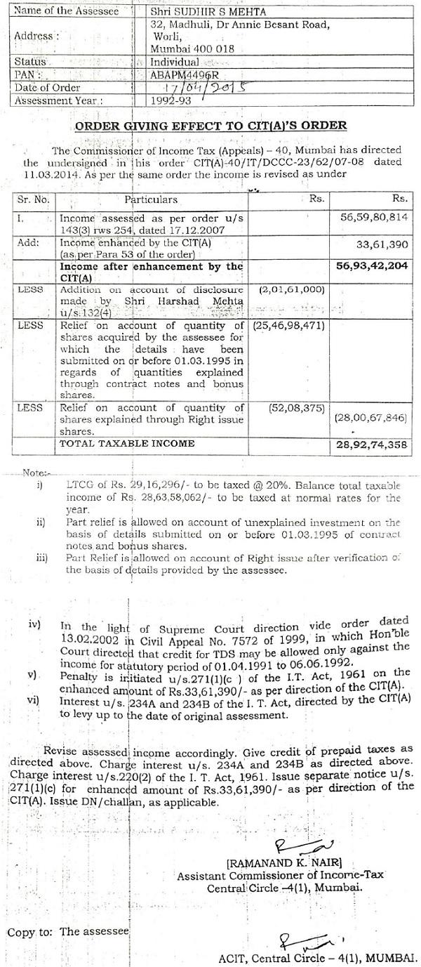 order giving effect to CIT(A)s peder